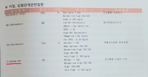 건강검진 결과지의 지질 및 심혈관계 관련 질환 검사 항목. 총콜레스테롤, HDL, LDL, 중성지방 수치와 기준 범위가 표로 정리되어 있으며, 중성지방 수치는 81로 정상 범위에 해당함