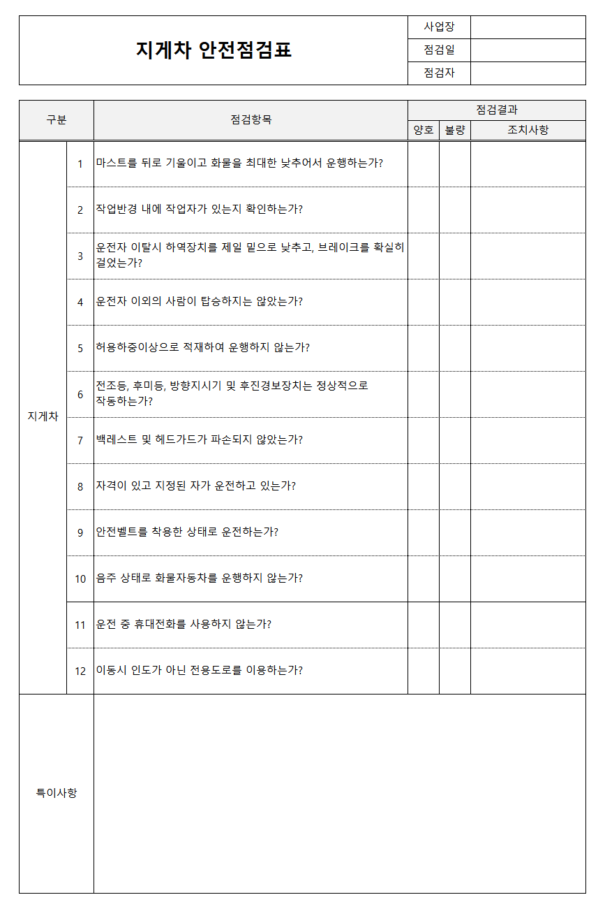 지게차 안전점검표