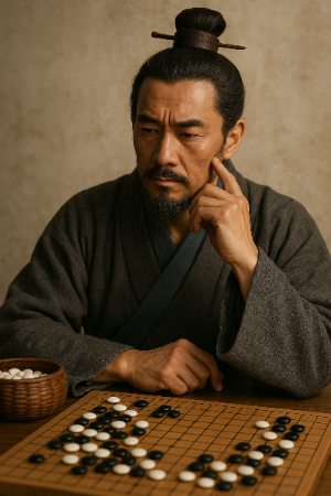 사마의의 지략가적인 면모를 상징하는 바둑판과 깊은 생각에 잠긴 그의 초상화. 그의 숨겨진 야망과 치밀한 준비성을 암시한다.