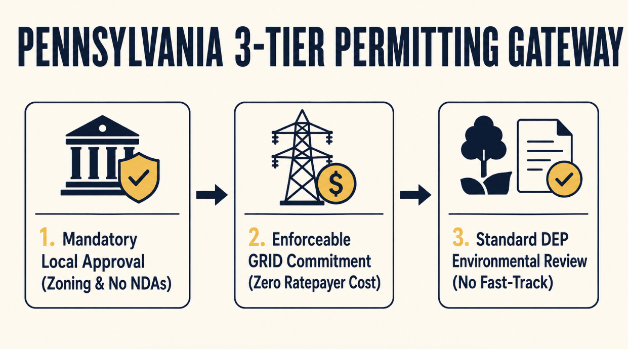 Editorial card emphasizing the 100 percent developer-funded power rule under Pennsylvania data center regulations