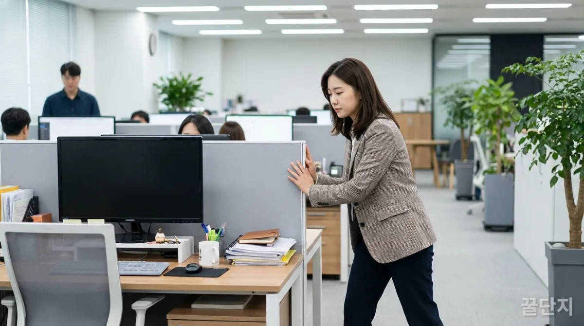 사무실에서 벽을 이용해 팔굽혀펴기를 하는 직장 여성