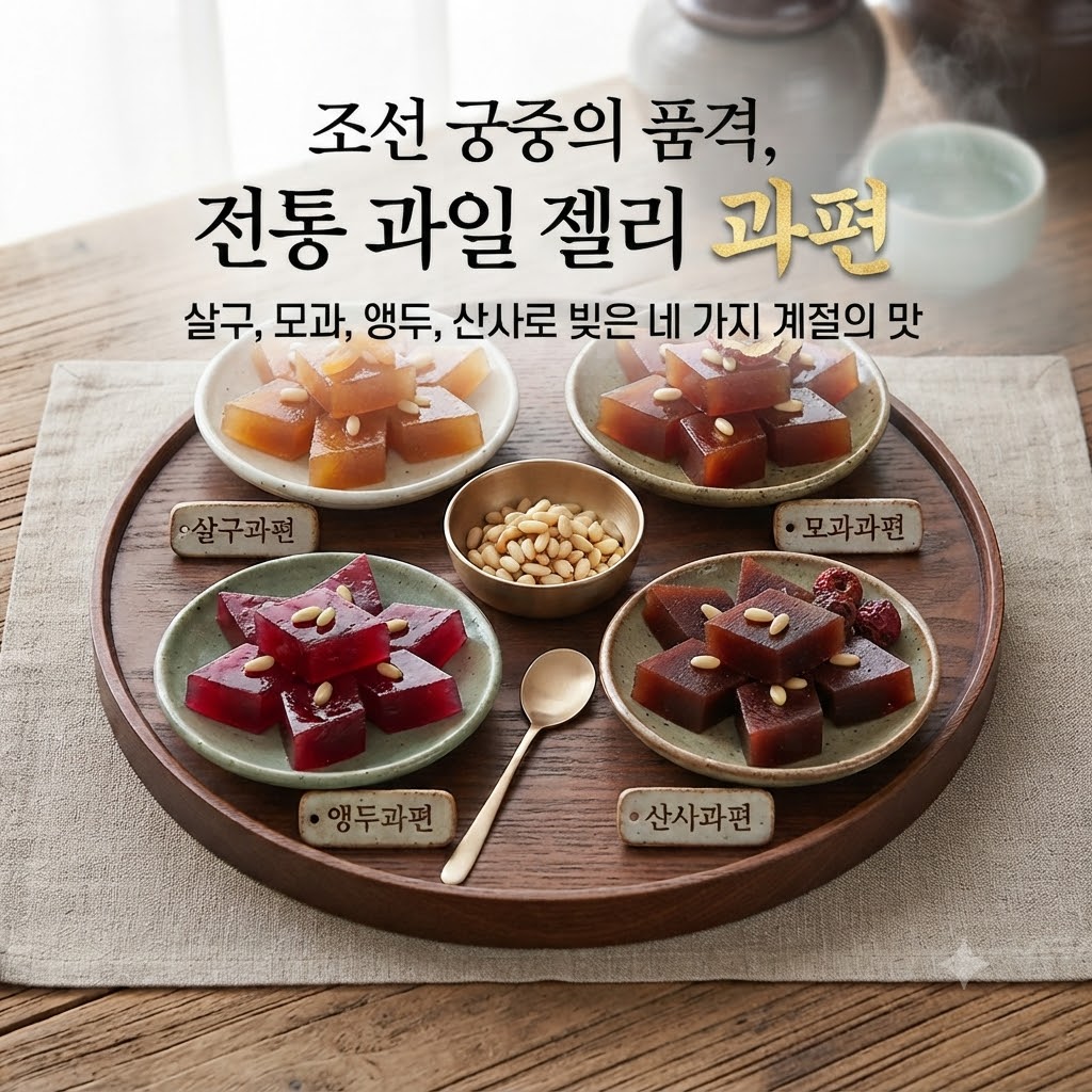조선 궁중의 품격, 전통 과일 젤리 과편이라는 제목과 함께 살구, 모과, 앵두, 산사 과편이 정갈하게 담긴 썸네일 이미지
