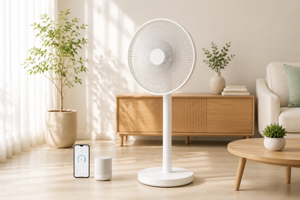 밝은 거실에 놓인 BLDC 선풍기와 스마트폰, 스마트 스피커를 활용한 IoT 선풍기 이미지