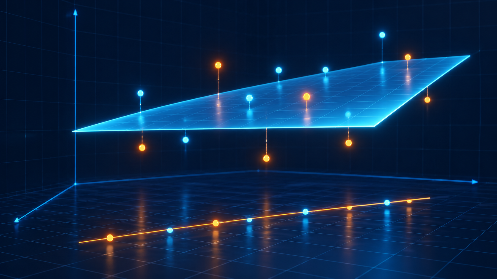 빛나는 3D 회귀 평면과 데이터 점들