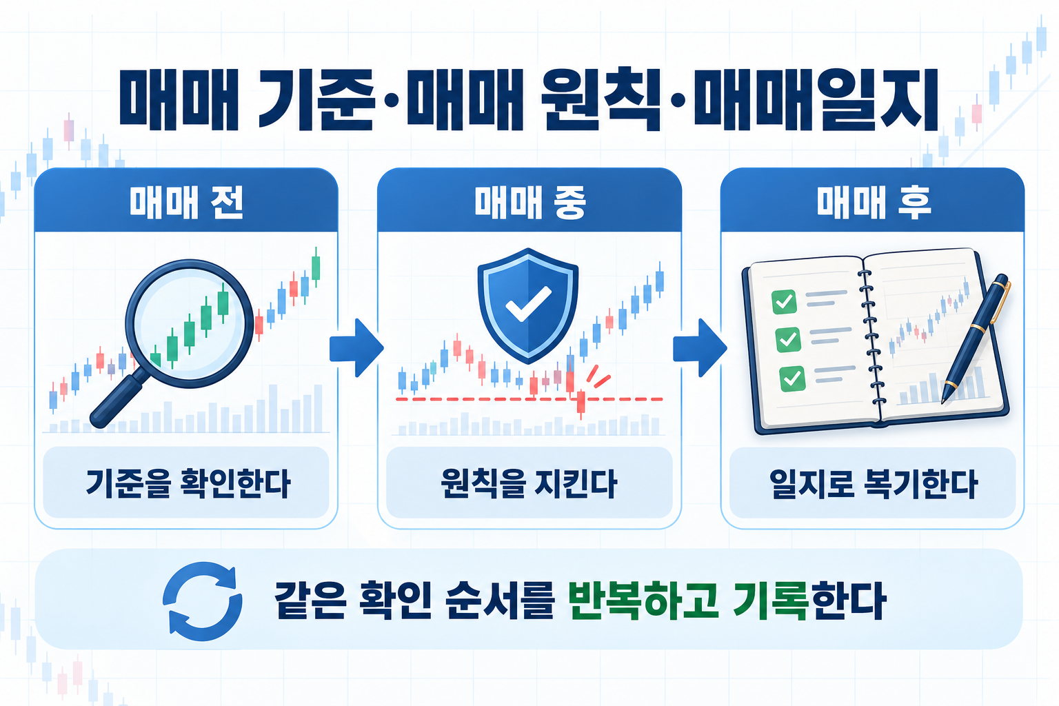 매매 전 기준 확인부터 매매 후 매매일지 복기까지의 과정