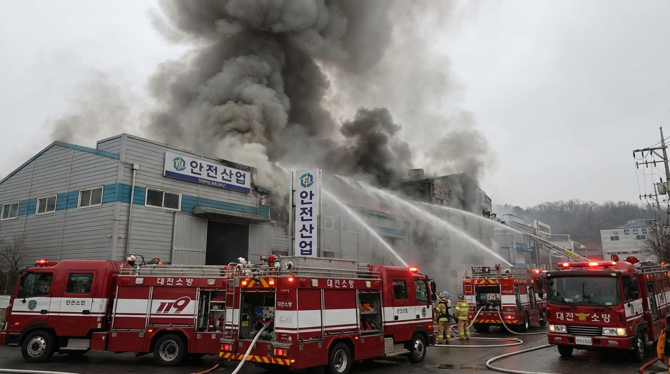 2026년 3월 대전 대덕구 문평동 안전공업 화재 현장 소방차 진압 및 연기 발생 모습