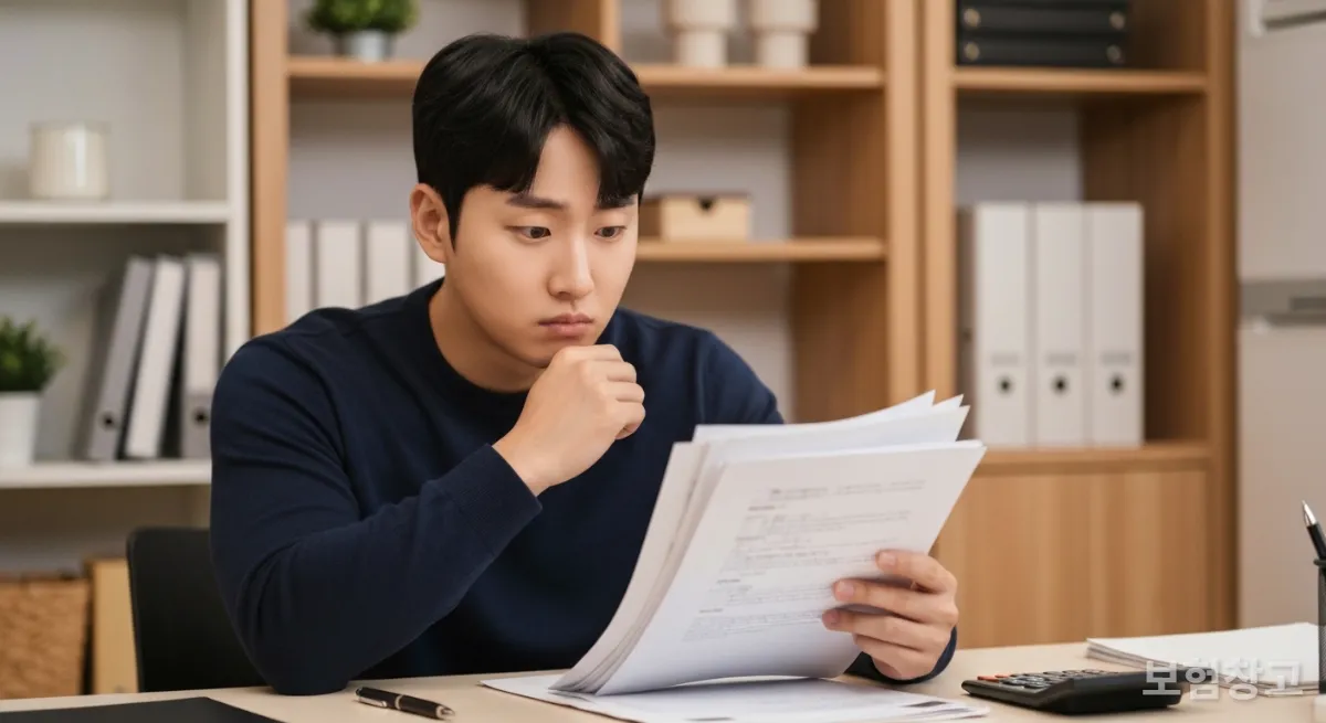 집에서 퇴사 관련 서류를 살펴보는 남성