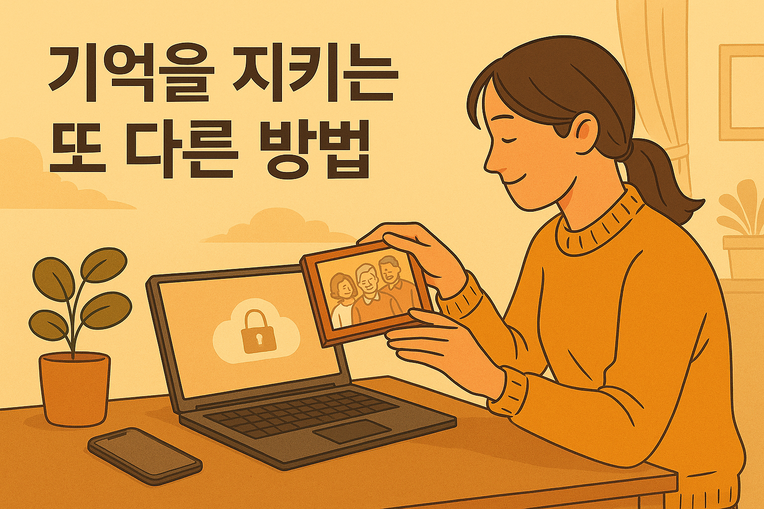 따뜻한 햇살이 드는 방 안에서 젊은 여성이 노트북과 외장하드를 정리하며 미소 짓는 감성적인 일러스트. 주변에는 커피잔과 식물, 폴라로이드 사진이 놓여 있고, 상단에는 “기억을 지키는 또 다른 방법”이라는 문구가 적혀 있다.