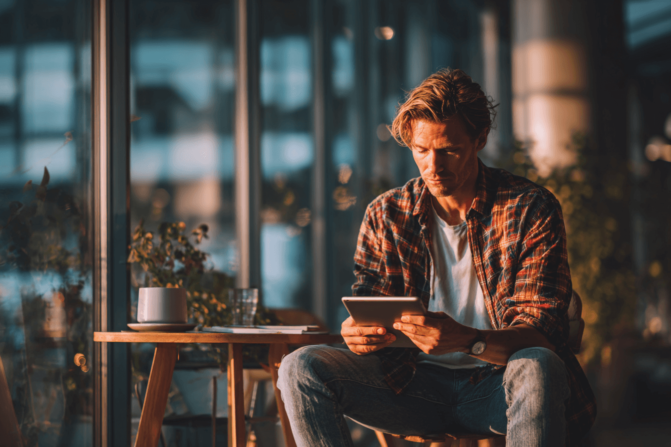 태블릿-PC를-주의깊게-보고-있는-남성