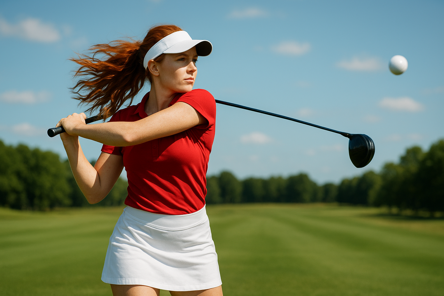 빨간머리 여자골퍼 우드로 200m 샷하는 모습