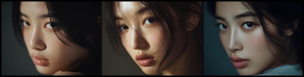 시네마틱 클로즈업, 고개를 살짝 돌리고 카메라를 응시하는 한국 여성 모델, 미묘한 긴장감과 입체적인 조명 이미지_Midjourney