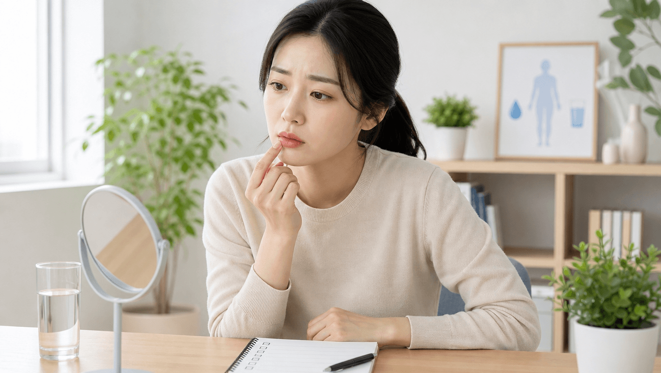 입이 마르고 갈증을 느끼는 사람과 물컵 일러스트