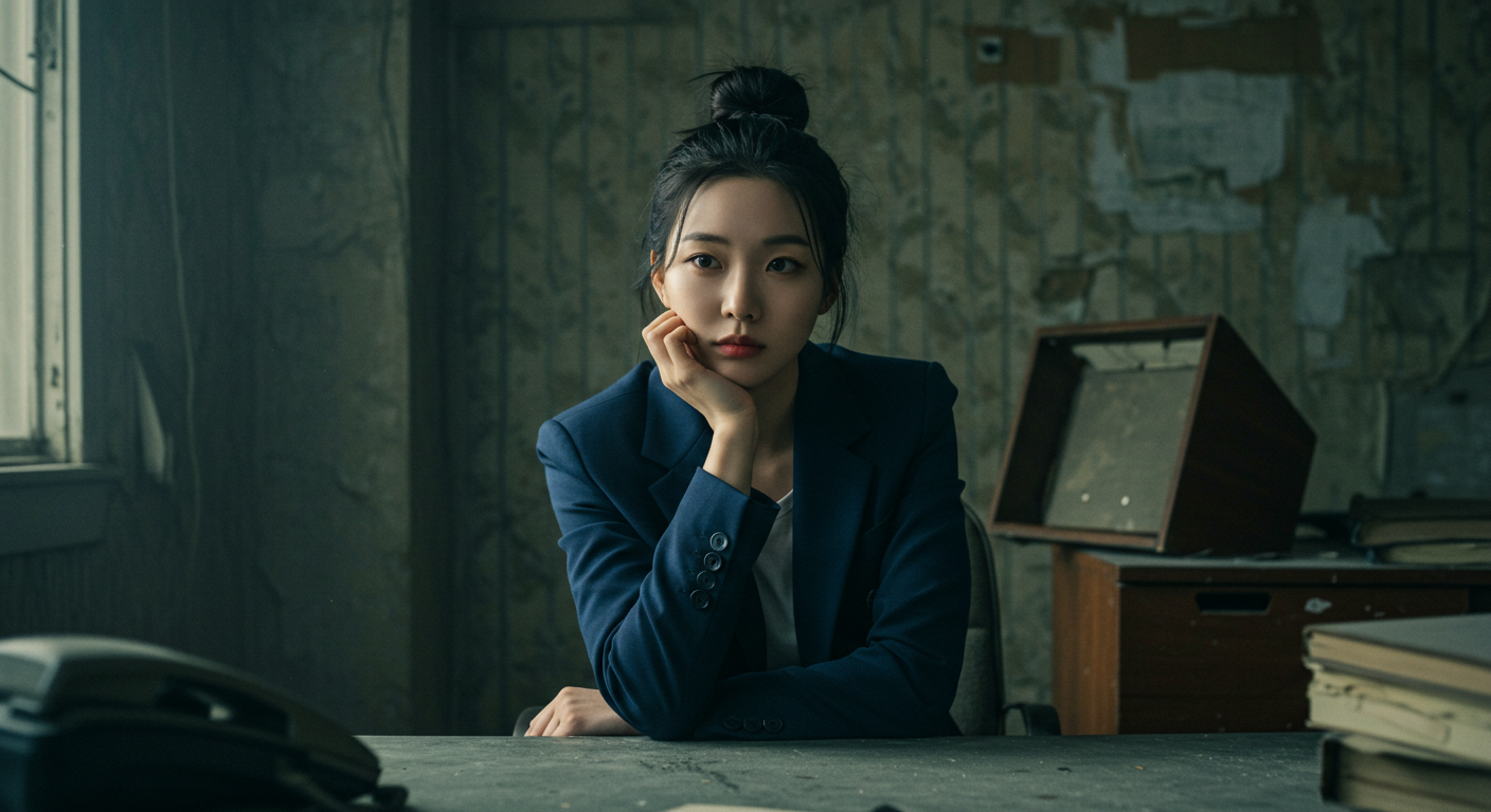 허름한 사무실에 앉아있는 여성