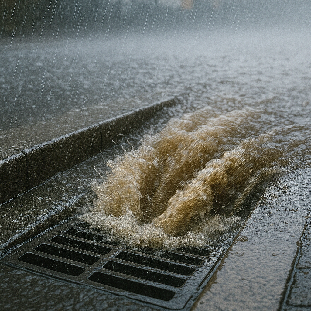 도심 하수구로 급류처럼 유실되는 빗물 이미지