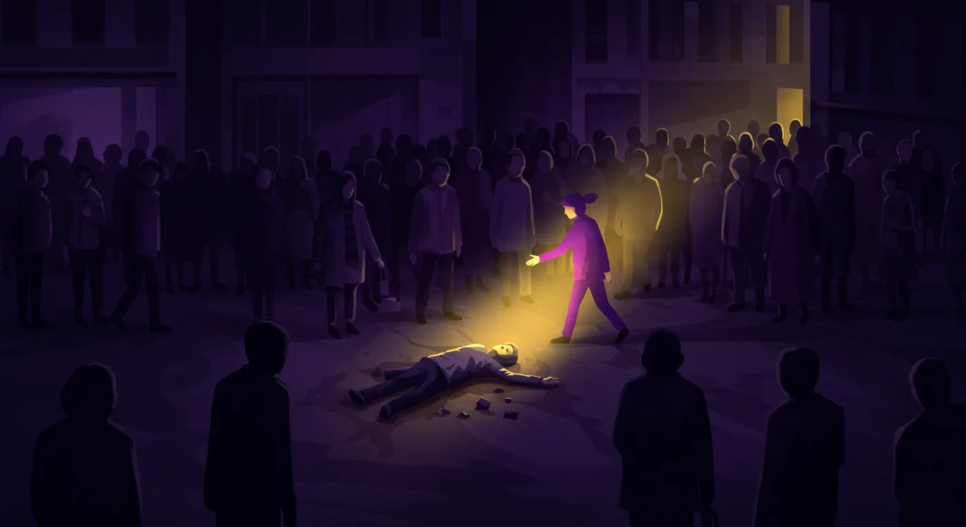 방관자들속에서 한사람만 쓰러진 사람에게 손을 내미는 모습