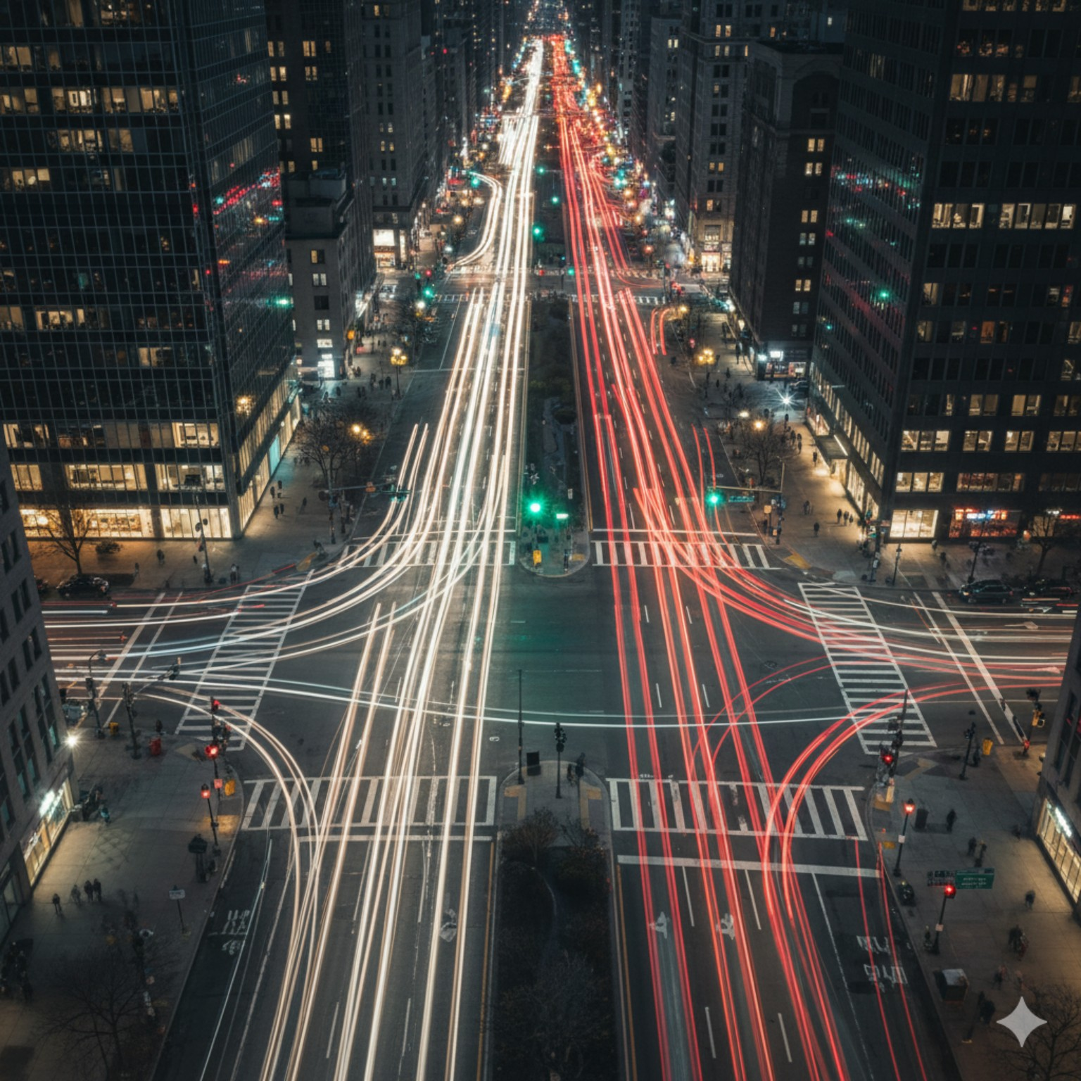 &ldquo;빛으로 엮인 질서 &mdash; 교차로는 도시의 심장이다&rdquo; 끊임없이 교차하는 차선과 불빛. 교차로는 단순한 길이 아니라, 도시가 숨 쉬고 박동하는 순환의 구조다.