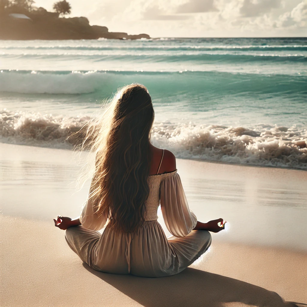 바다소리를 들으면서 해변에 앉아 명상하는 여성사진