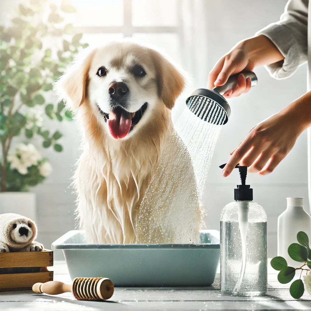 강아지를 부드럽게 목욕시키는 보호자