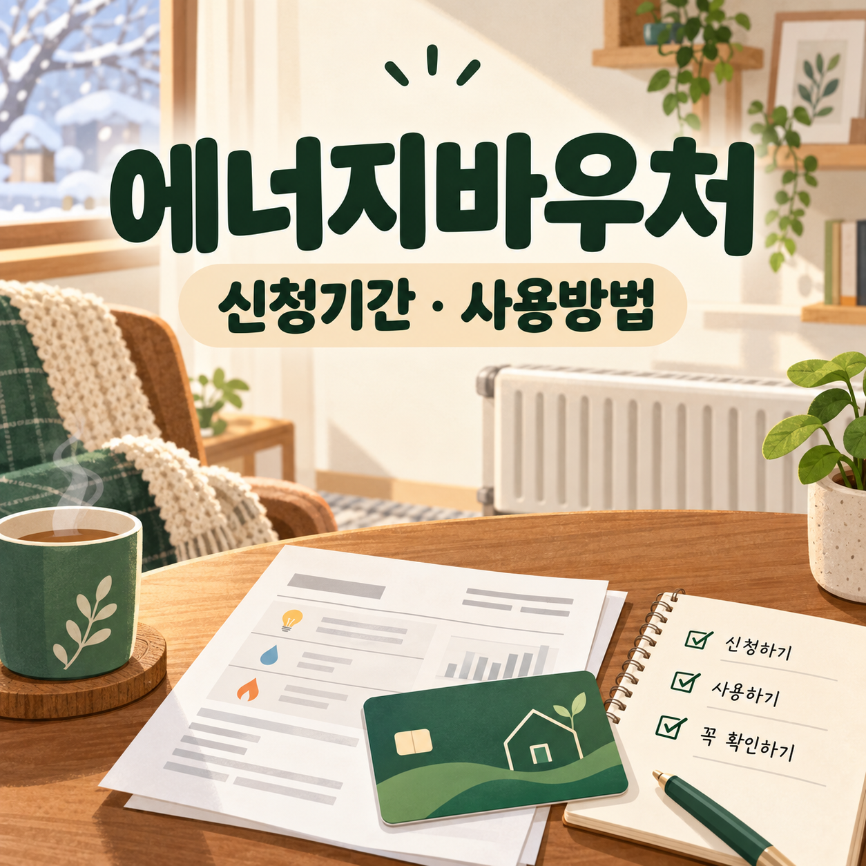 난방기와 요금고지서 카드 체크리스트로 표현한 에너지바우처 신청과 사용 준비 일러스트