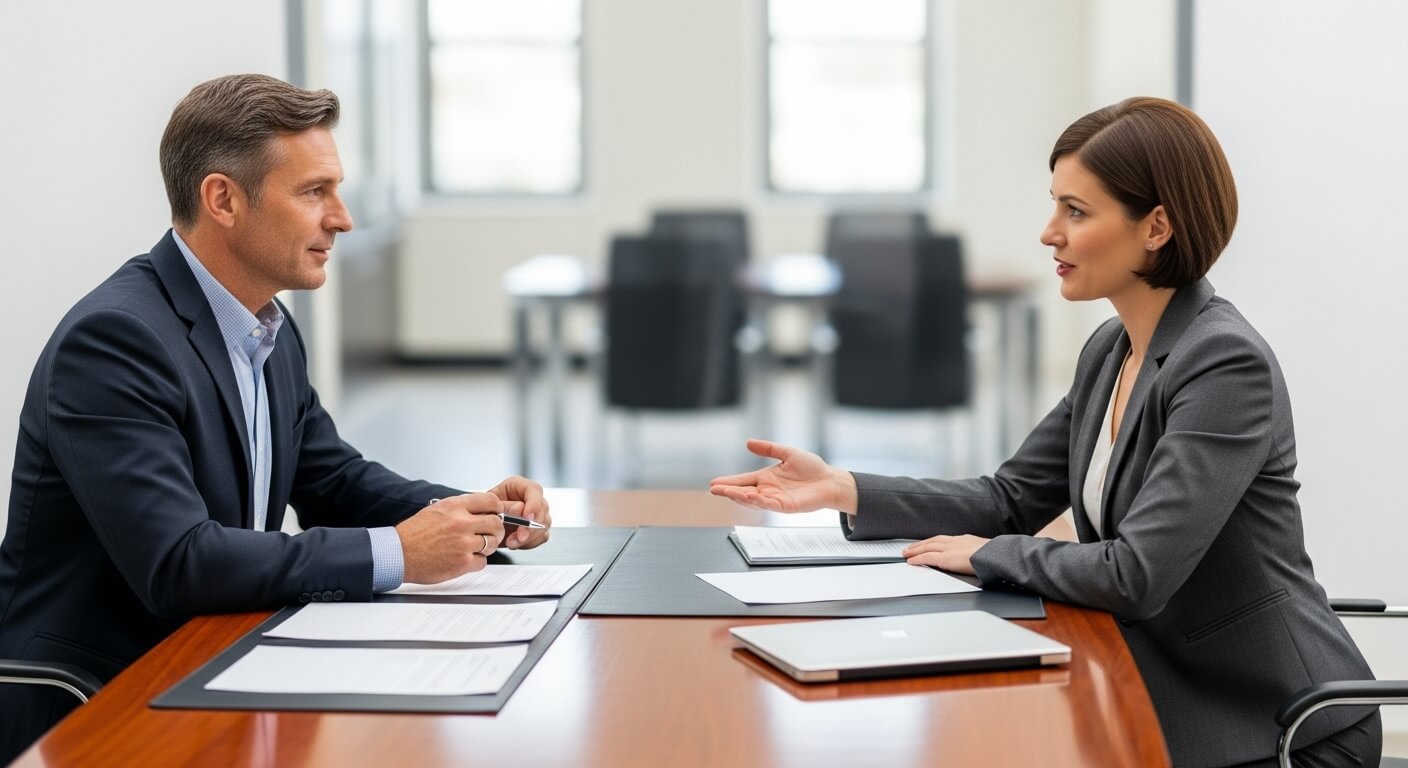 정장 차림의 남성과 여성이 세무 상담을 진행하는 모습