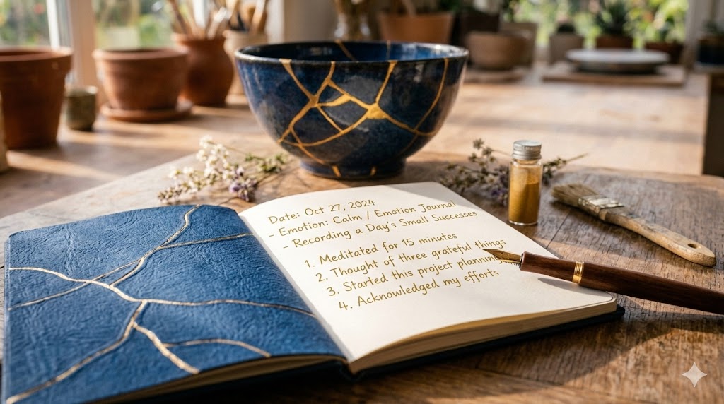 An image featuring an open journal with a list of daily successes like 'Meditated for 15 minutes' and 'Acknowledged my efforts' next to a kintsugi bowl, and a text caption describing the power of journaling these achievements to transform the brain's negativity bias.