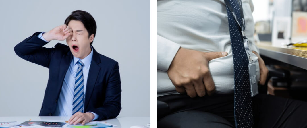눈을 비비며 하품을 하는사진, 비만인 남자가 자신의 배를 잡고 있는 사진