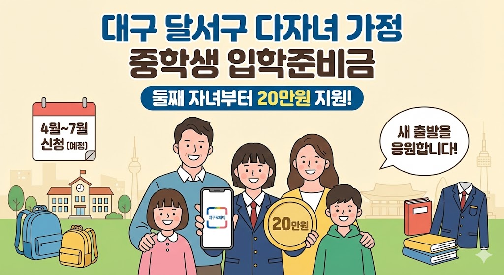대구 달서구 다자녀 가정(둘째부터) 중학생 입학준비금 20만 원(대구로페이) 지원 안내 썸네일. 4월~7월 신청 정보 포함.