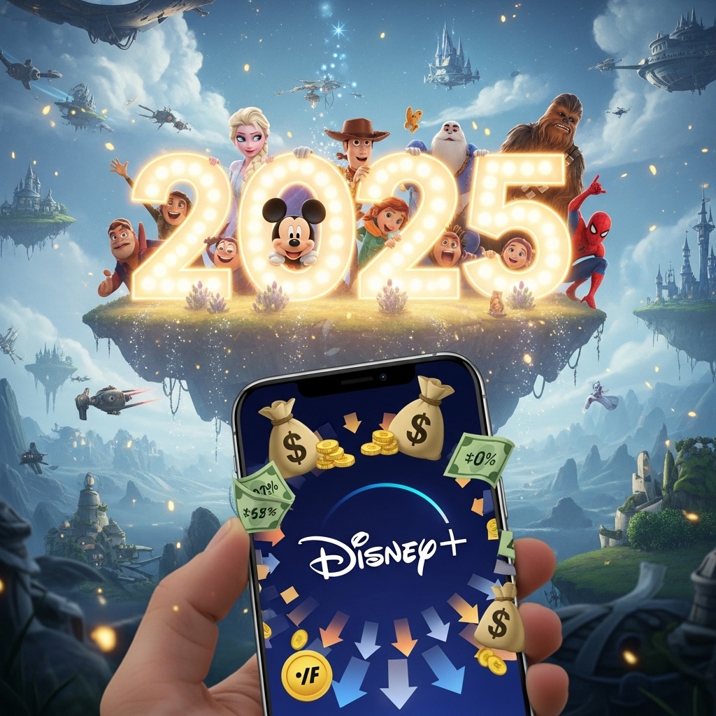2025년 디즈니플러스 로고와 함께 다양한 할인 아이콘이 빛나는 스마트폰, 그리고 그 뒤로 디즈니, 마블, 스타워즈 캐릭터들이 환하게 웃는 모습