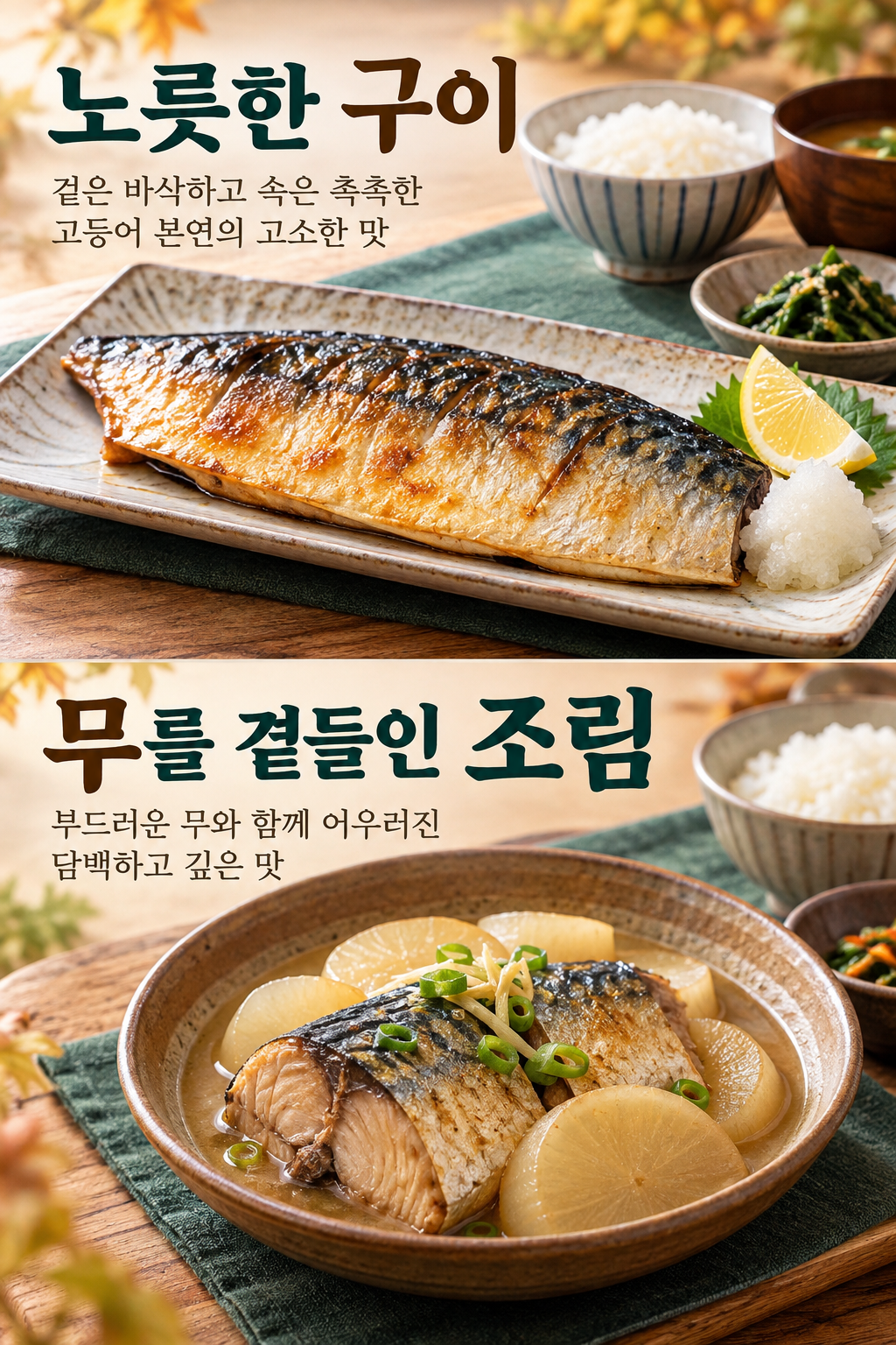 노릇한 고등어구이와 무를 곁들인 촉촉한 조림의 비교.
