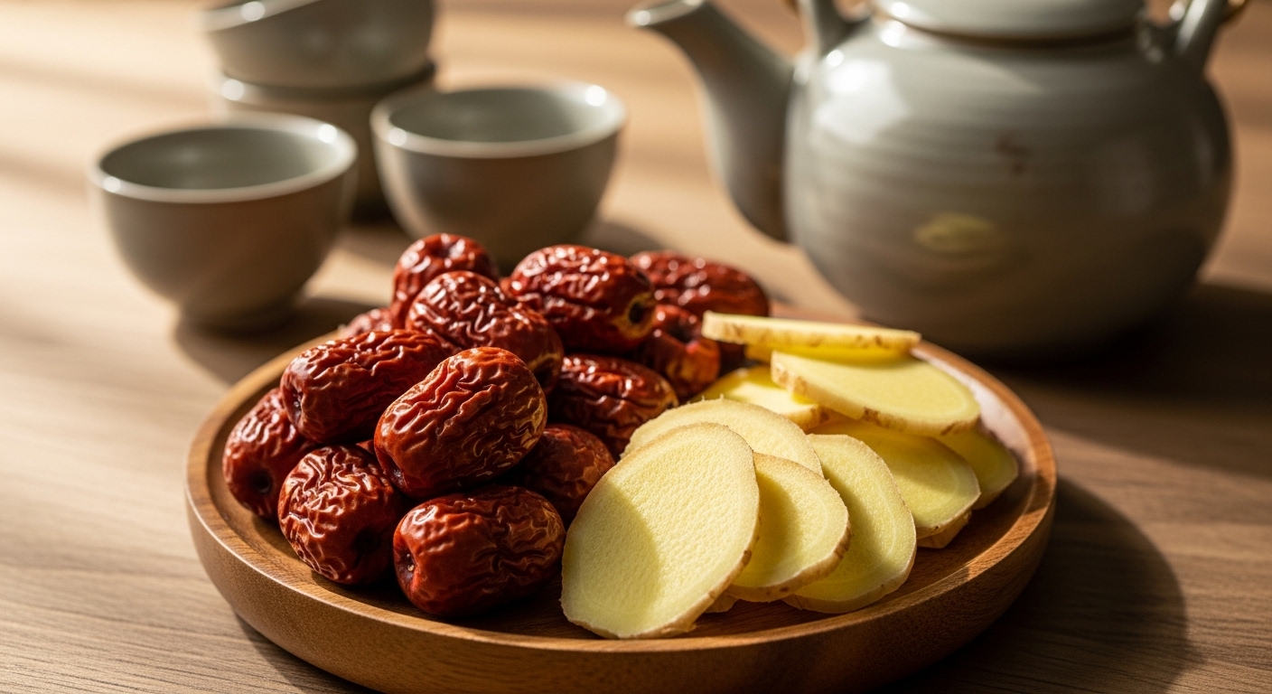 말린 대추와 신선한 생강 슬라이스가 담긴 전통적인 모습, 한국 전통차의 따뜻함과 건강한 효능을 표현.