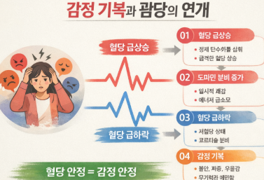 감정 기복과 혈당 급등락의 상관관계를 단계별로 설명하는 이미지