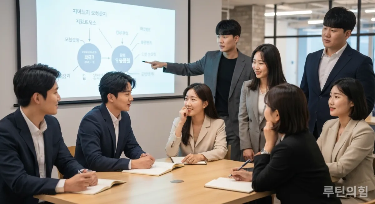 모던한 코워킹 스페이스에서 취업 전략을 논의하는 한국인 직장인들