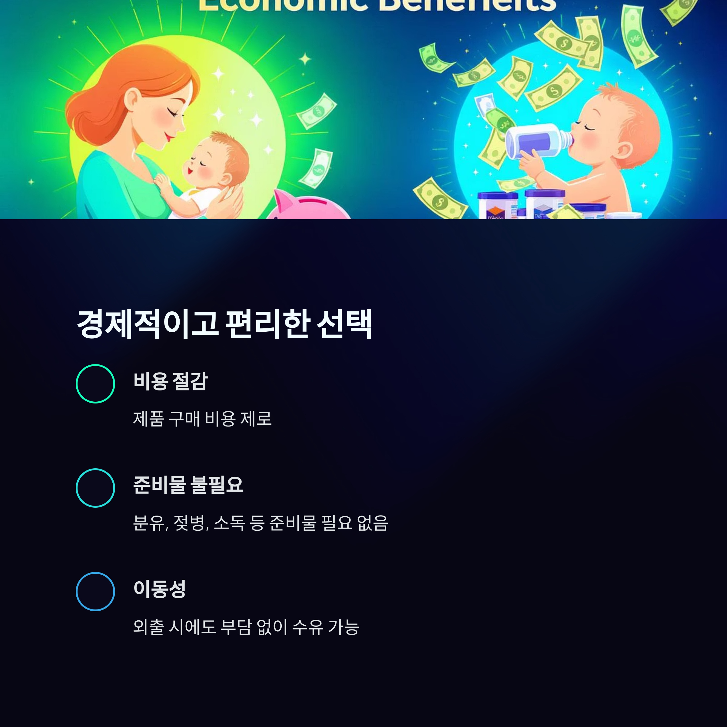 모유 수유와 분유 수유를 비교한 일러스트와 함께, 비용 절감, 준비물 불필요, 이동성 등 경제적 장점을 강조한 인포그래픽