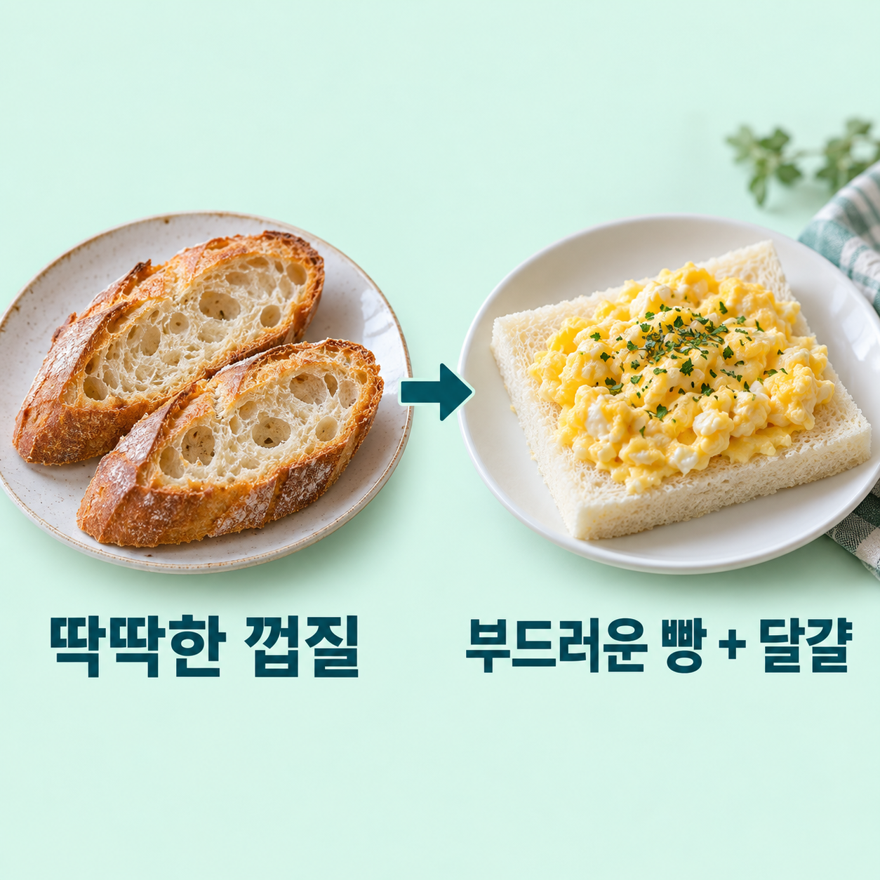 바게트: 현재 식감 &mdash; 단단한 껍질&middot;마른 빵; 바게트: 바꿀 구성 &mdash; 부드러운 빵에 익힌 달걀