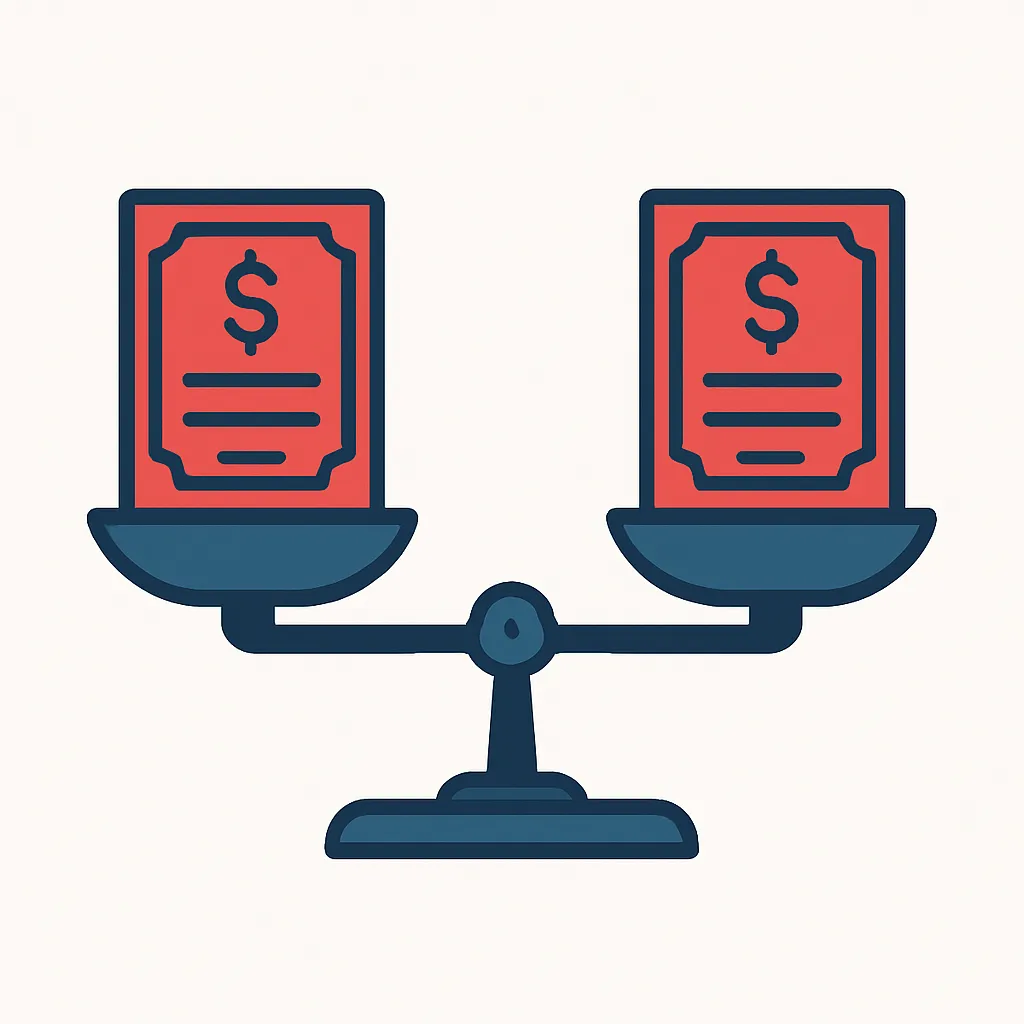 동일한 크기의 주식을 양쪽으로 나눈 저울 그림