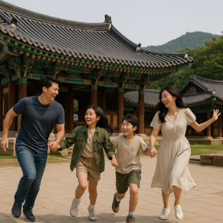 경주 관광지에서 뛰어다니며 즐거워하는 가족 모습