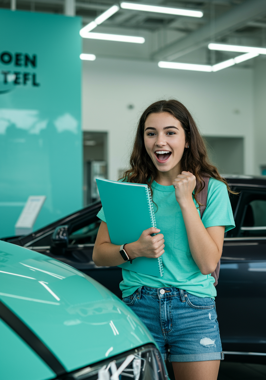 한 여대생이 본인이 선택한 차량을 보고 주먹을 불끈 쥐며 기뻐하고 있는 이미지