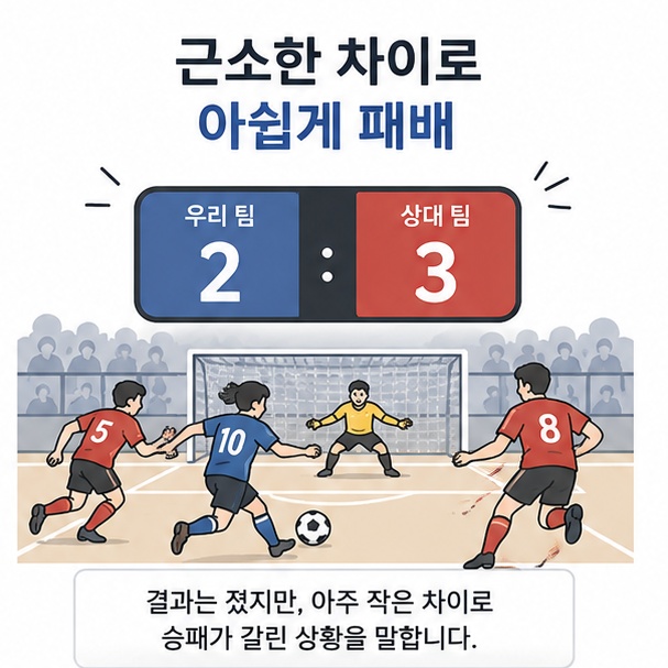 2대3처럼 근소한 점수 차이로 패한 상황을 통해 석패의 의미를 설명한 이미지