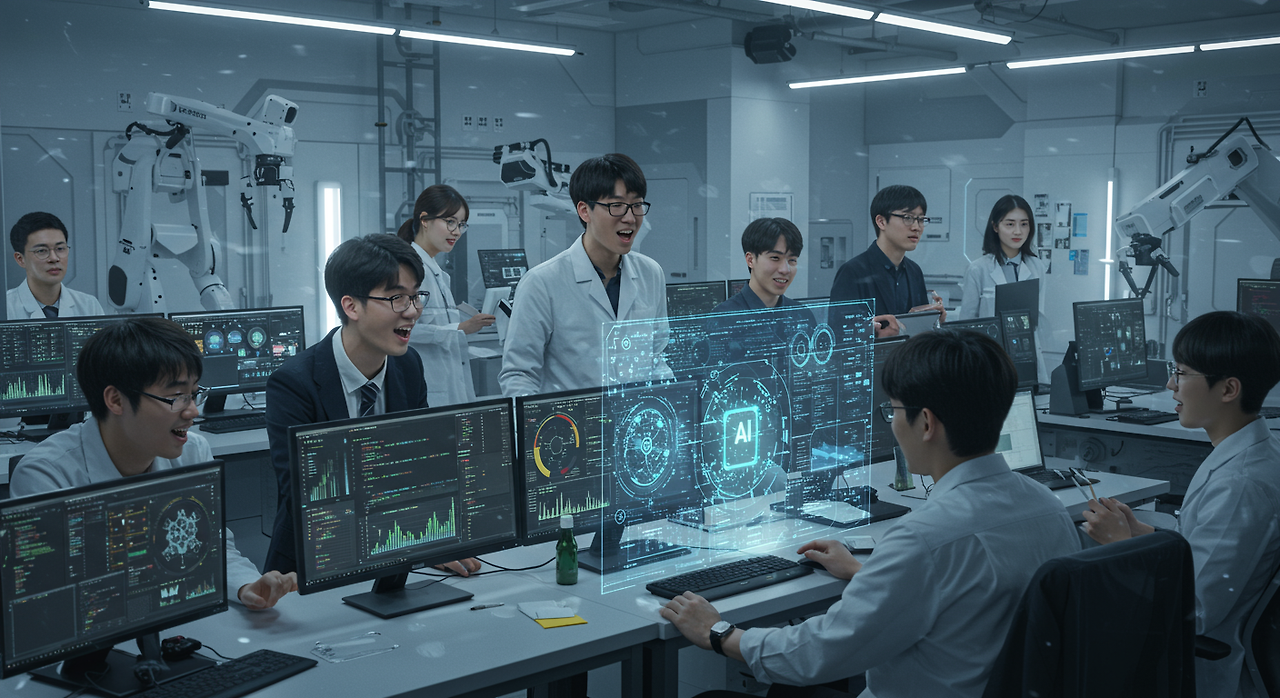 첨단 기술 환경에서 AI 프로젝트를 협력 중인 한국 기술 개발자들