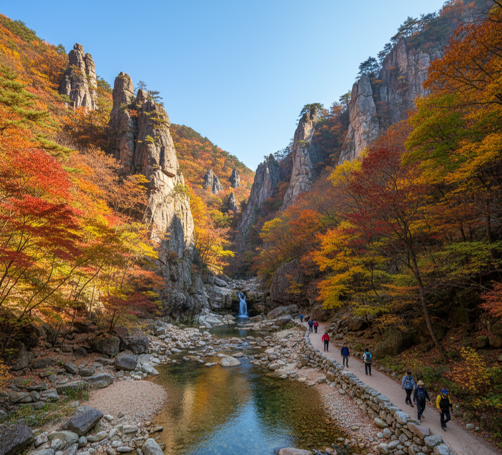 주왕산 기암괴석과 단풍이 어우러진 가을 산책길