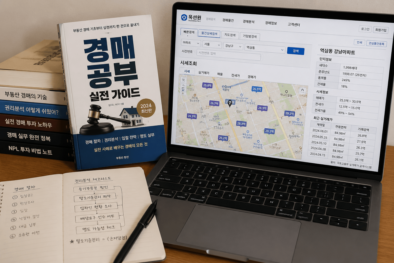 경매 공부 책과 시세조사 화면 사진