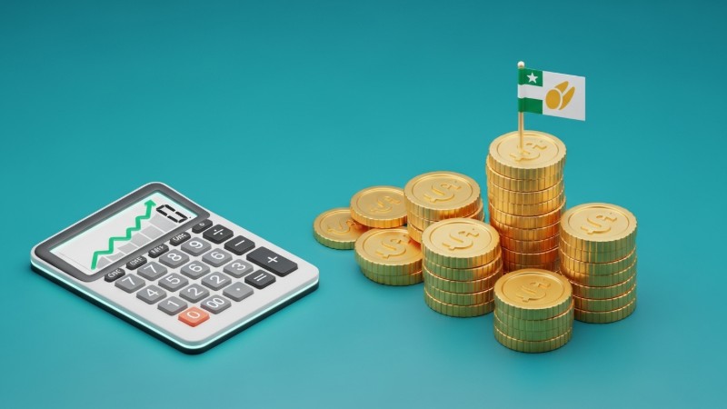 월 납입액에 따른 이자와 정부 기여금이 쌓여 목돈이 되는 과정을 표현한 계산기와 코인 일러스트