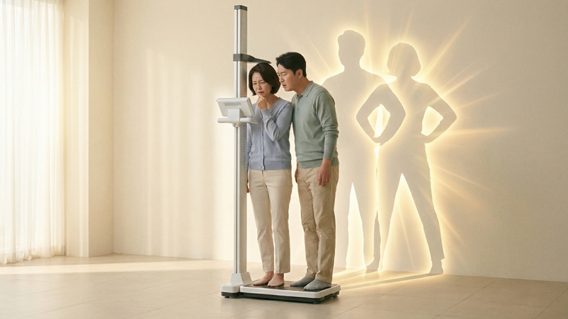 40대 중년 남녀가 키 측정기 앞에서 자신의 숨은 키를 찾기 위해 노력하는 모습. 성장판이 닫혀도 키가 더 커질 수 있다는 희망적인 메시지.