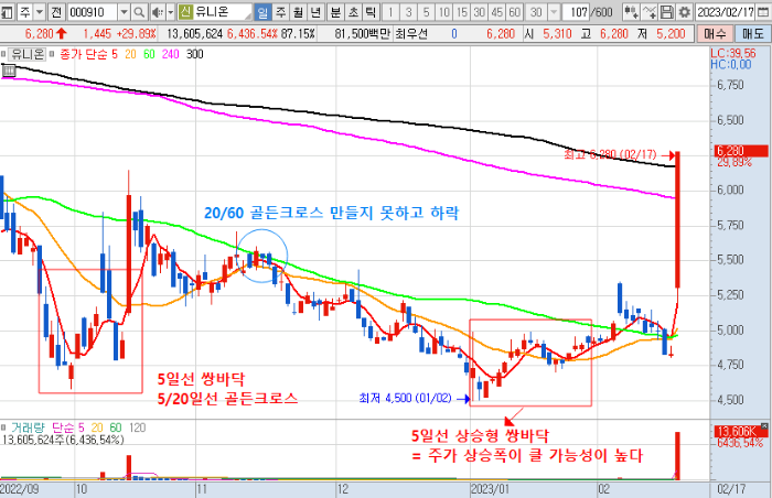 2월 17일 유니온 일봉 차트