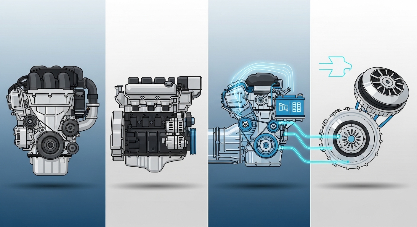 가솔린, 디젤, 하이브리드, 전기차 엔진의 특징을 시각적으로 비교하는 깔끔한 일러스트레이션.