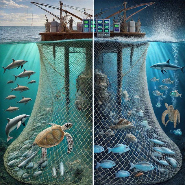 부수 어획 문제와 이를 해결하기 위한 현대 기술의 적용을 대조적으로 보여주고 있습니다.