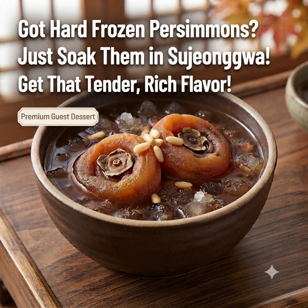 A traditional dark earthenware bowl filled with chilled, deep brown Korean cinnamon punch (sujeonggwa), generously garnished with floating ice cubes and pine nuts. Inside the bowl, two plump, rehydrated dried persimmons sit appetizingly alongside the pine nuts. At the top of the image, bold Korean text reads 'Rock-hard frozen dried persimmons? Just soak them in Sujeonggwa for a day!' and 'As soft as semi-dried persimmons with a deeper flavor!', while a small label on the lower-left reads 'Dessert for Honored Guests.' The background features traditional paper lattice windows (changhoji) and a soft hint of autumn foliage.