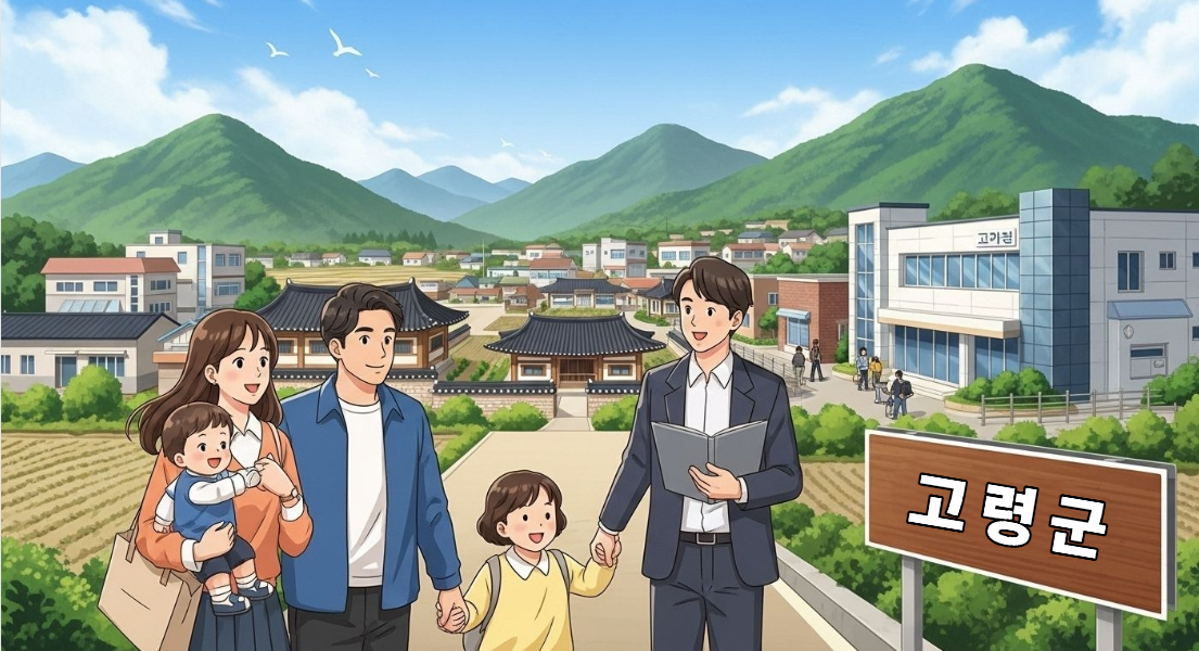 고령군으로 이주한 젊은 부부와 아이가 행복하게 웃는 모습, 활기찬 지역 공동체를 배경으로 한 이미지. 고령군의 인구 유입 정책 성공을 상징합니다.