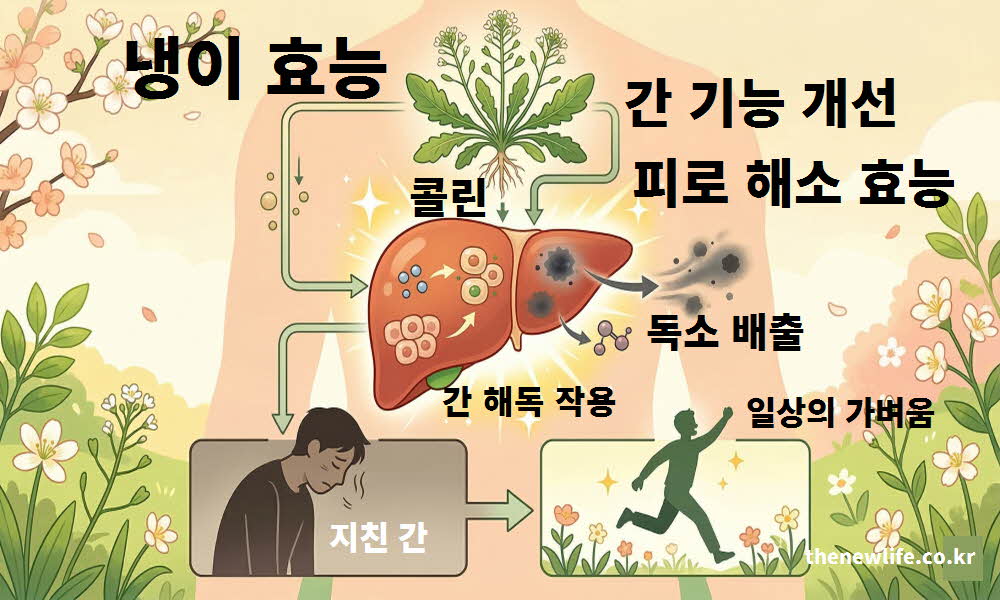 냉이 효능의 간 기능 개선 및 피로 해소 과정을 설명하는 이미지