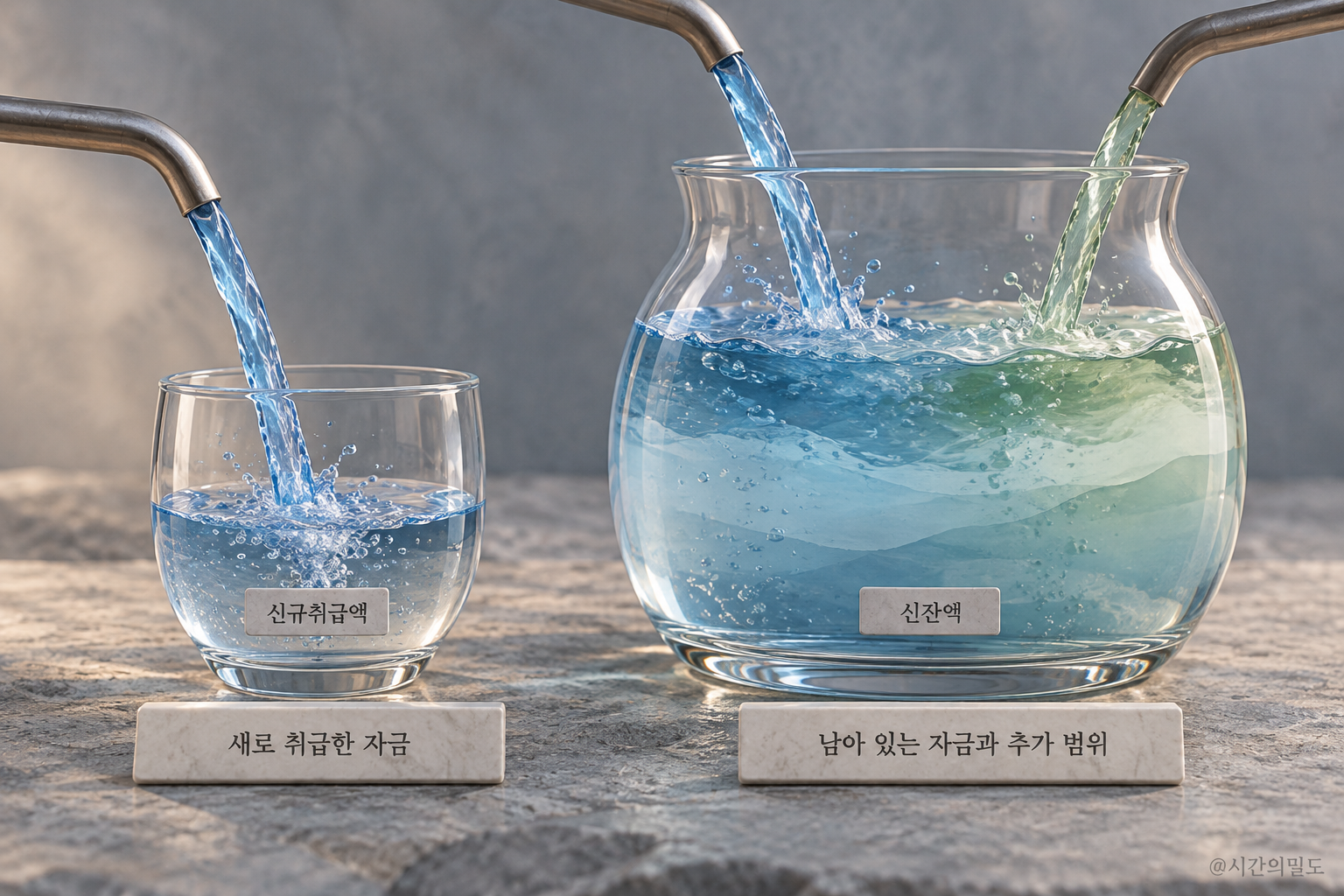 새 자금과 기존 잔액의 집계 범위 차이를 물의 흐름으로 표현한 입체 모형